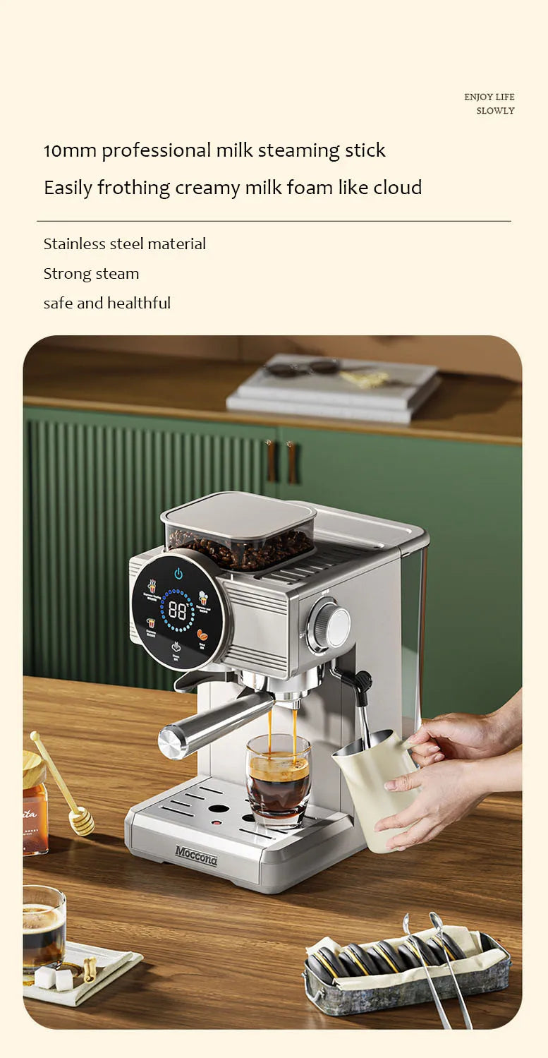 220V Espresso Coffee Machine Home Use Coffee Beans Grinding Coffee Maker Commercial Grinder Coffee Machine Milk Foam