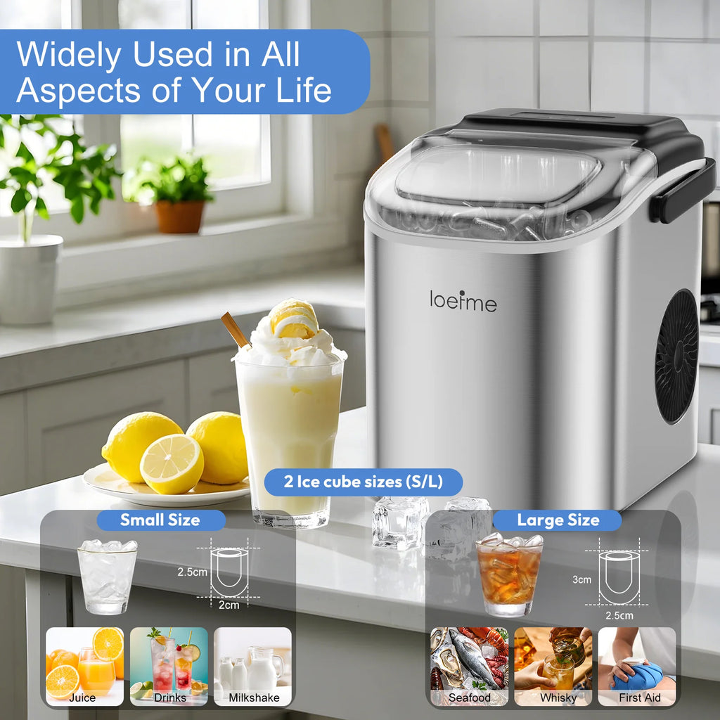 LOEFME Portable Professional Electric Ice Maker 12kg/24h 6 Mins/9pcs Bullet Shaped Ice Cubes W/ Scoop Stainless Steel