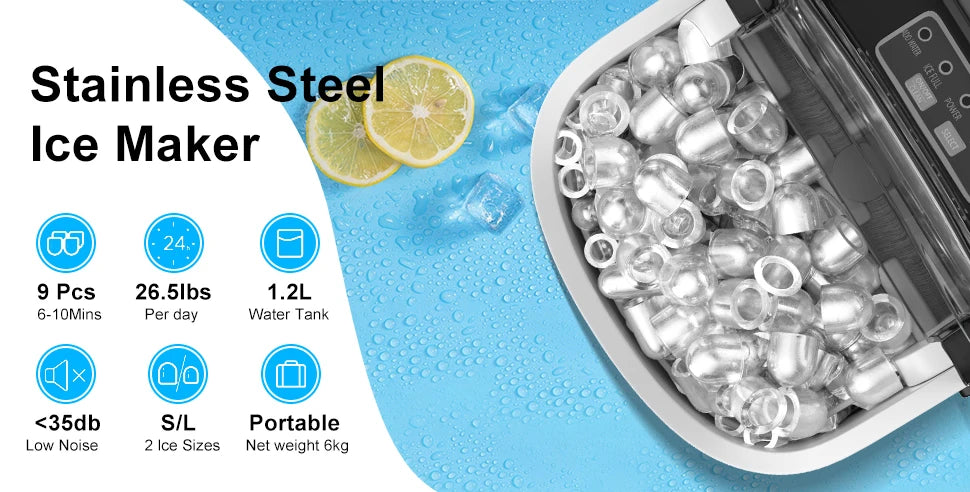 LOEFME Portable Professional Electric Ice Maker 12kg/24h 6 Mins/9pcs Bullet Shaped Ice Cubes W/ Scoop Stainless Steel
