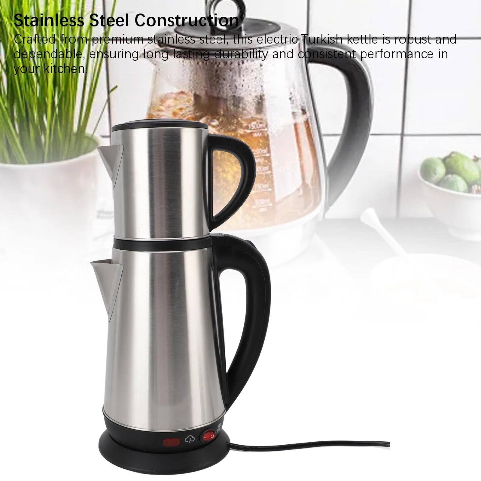 Electric Double Kettle Turkish Teapot Set Detachable InfuserTurkish Kettle Set 1L and 2L Stainless Steel Tea Maker for Home