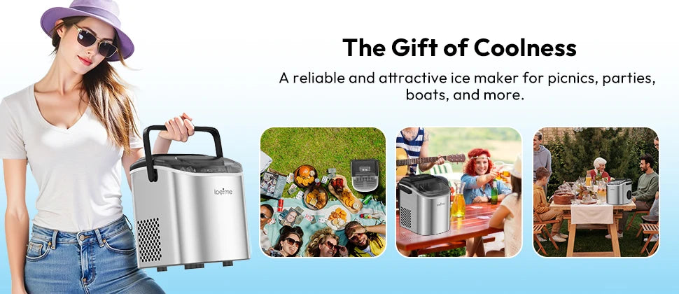 LOEFME Portable Professional Electric Ice Maker 12kg/24h 6 Mins/9pcs Bullet Shaped Ice Cubes W/ Scoop Stainless Steel