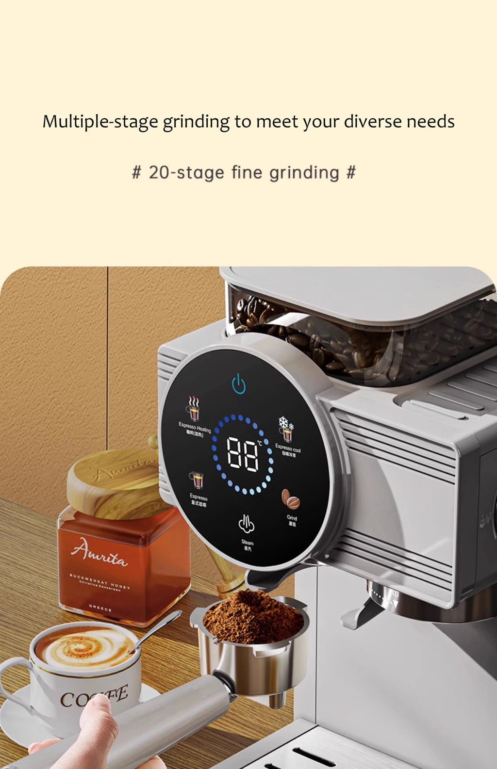 220V Espresso Coffee Machine Home Use Coffee Beans Grinding Coffee Maker Commercial Grinder Coffee Machine Milk Foam