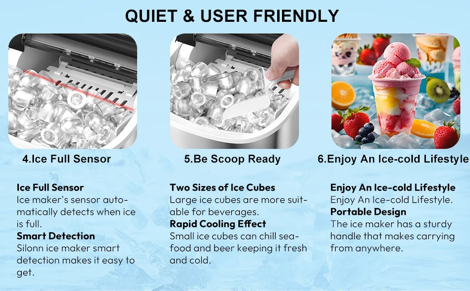 LOEFME Portable Professional Electric Ice Maker 12kg/24h 6 Mins/9pcs Bullet Shaped Ice Cubes W/ Scoop Stainless Steel