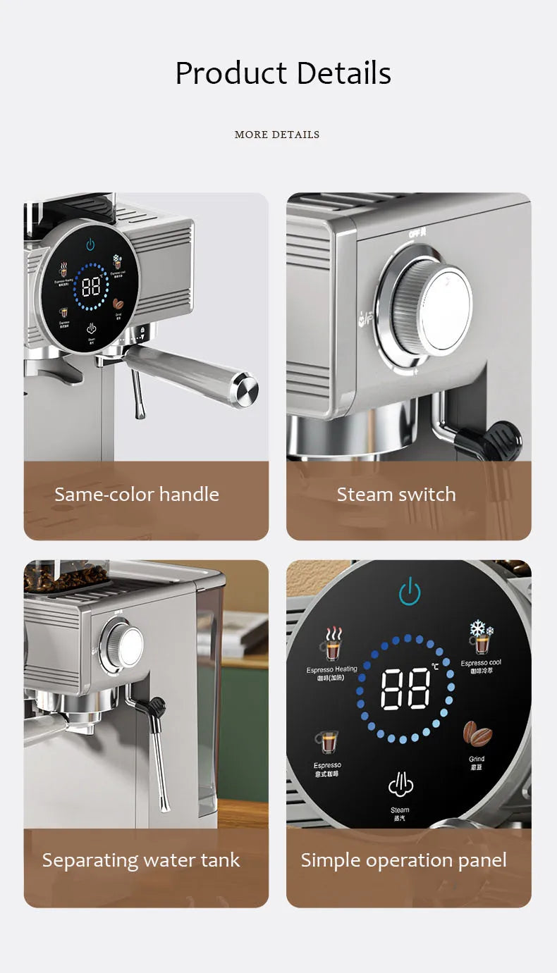 220V Espresso Coffee Machine Home Use Coffee Beans Grinding Coffee Maker Commercial Grinder Coffee Machine Milk Foam