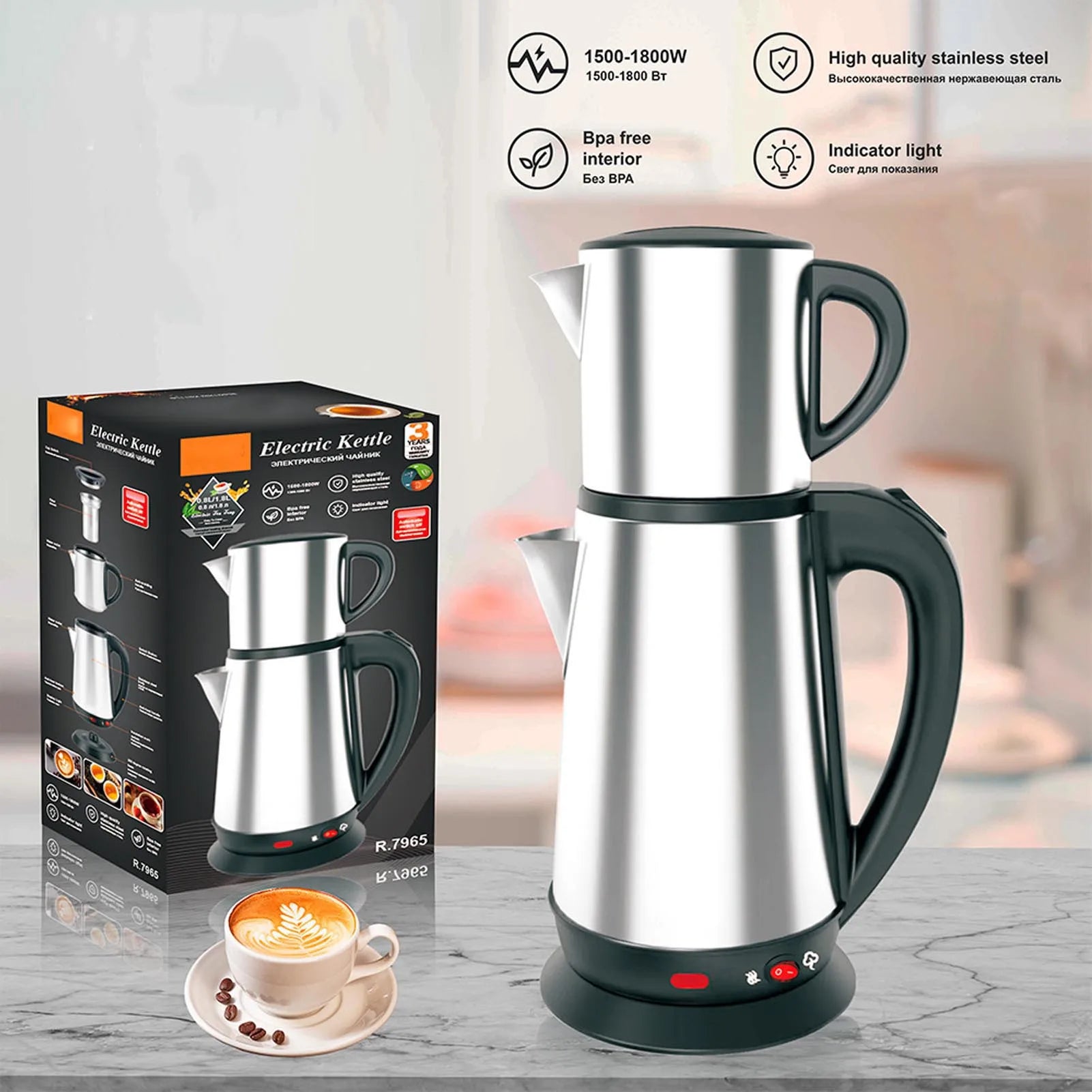 Electric Double Kettle Turkish Teapot Set Detachable InfuserTurkish Kettle Set 1L and 2L Stainless Steel Tea Maker for Home