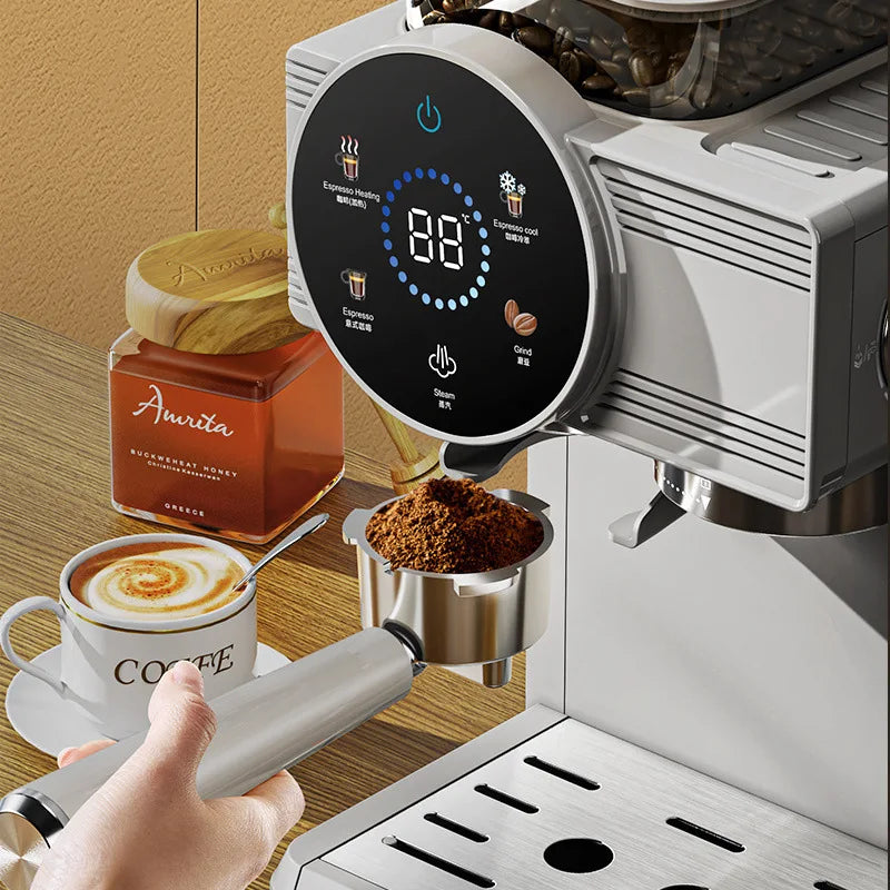 220V Espresso Coffee Machine Home Use Coffee Beans Grinding Coffee Maker Commercial Grinder Coffee Machine Milk Foam