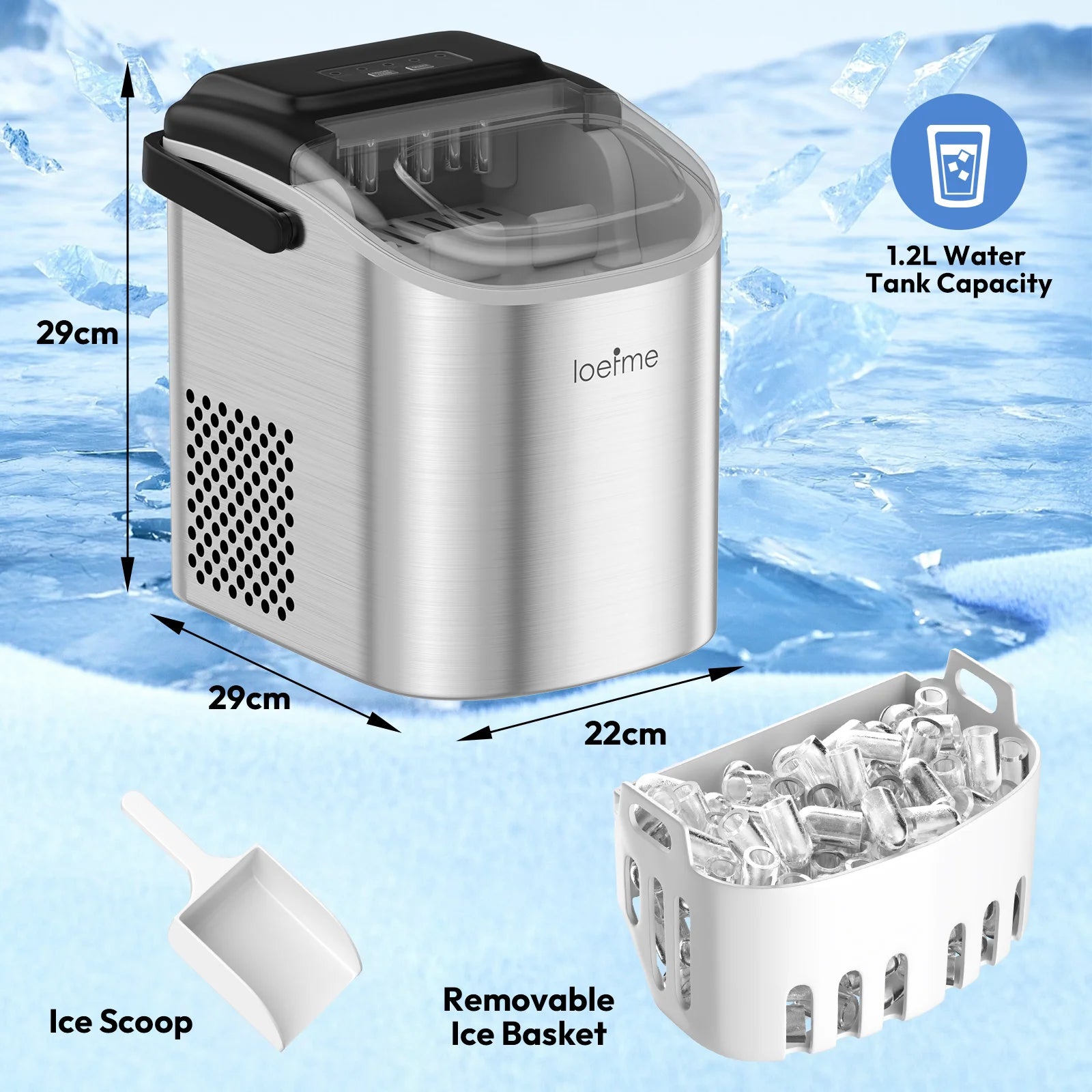 LOEFME Portable Professional Electric Ice Maker 12kg/24h 6 Mins/9pcs Bullet Shaped Ice Cubes W/ Scoop Stainless Steel