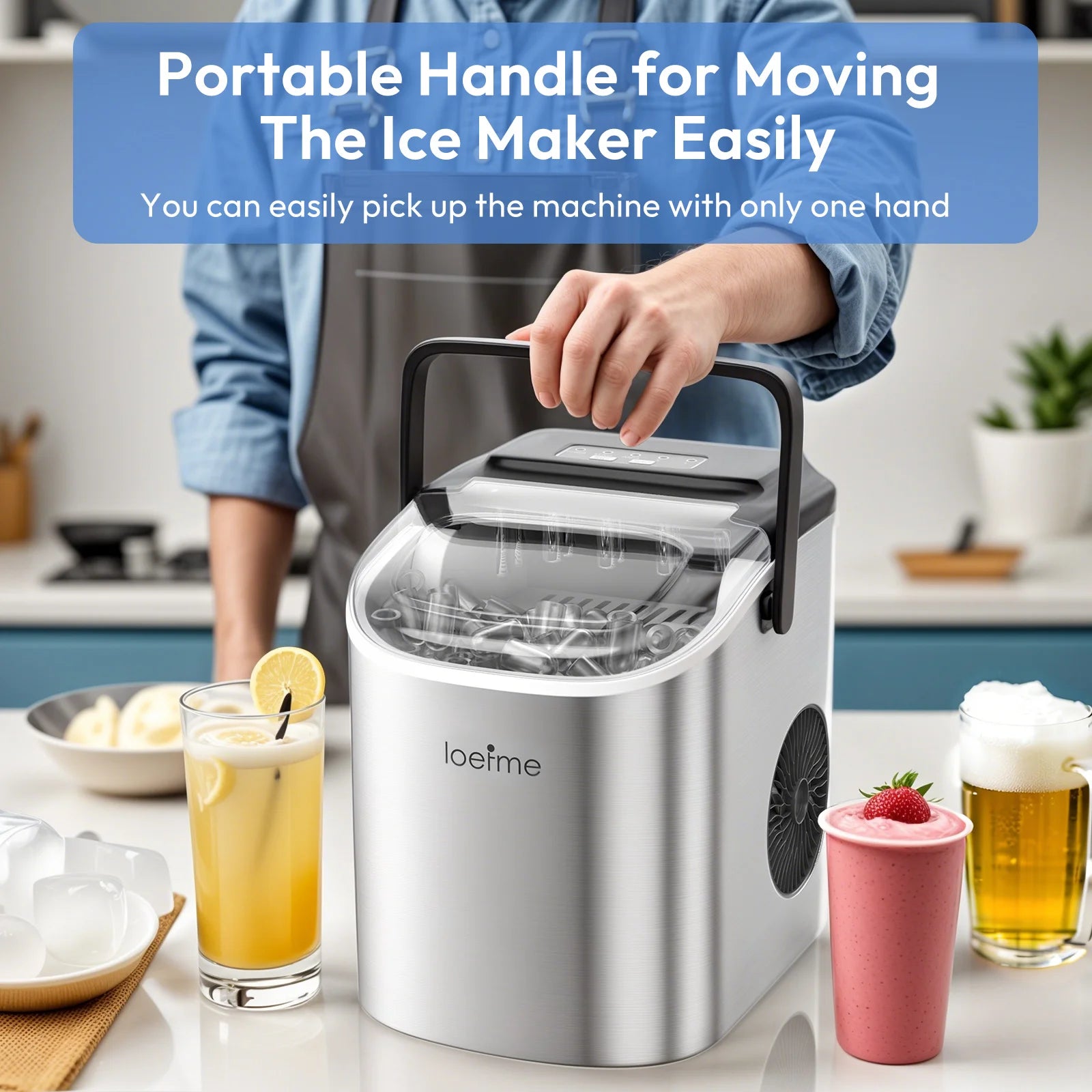 LOEFME Portable Professional Electric Ice Maker 12kg/24h 6 Mins/9pcs Bullet Shaped Ice Cubes W/ Scoop Stainless Steel