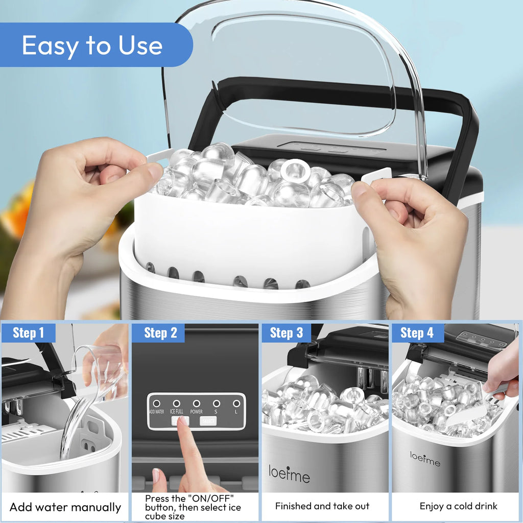 LOEFME Portable Professional Electric Ice Maker 12kg/24h 6 Mins/9pcs Bullet Shaped Ice Cubes W/ Scoop Stainless Steel