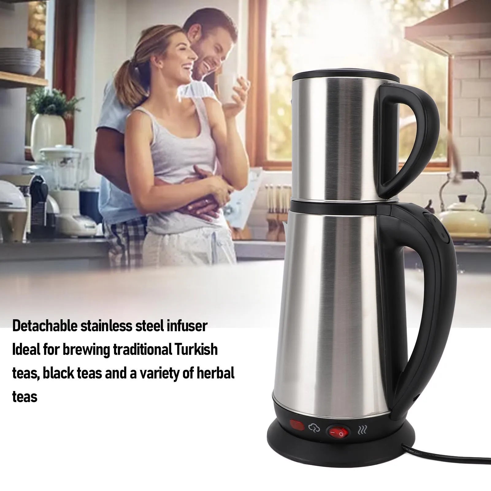 Electric Double Kettle Turkish Teapot Set Detachable InfuserTurkish Kettle Set 1L and 2L Stainless Steel Tea Maker for Home