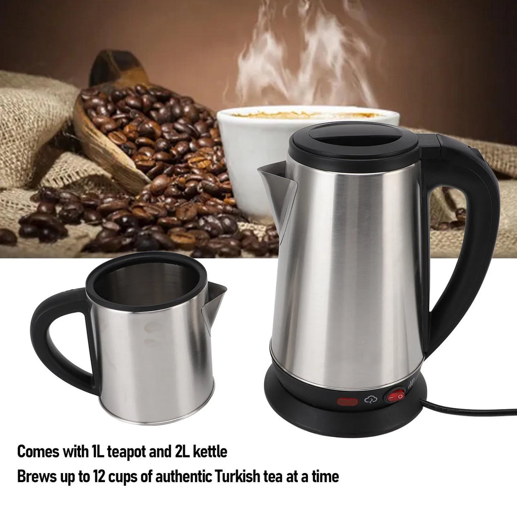 Electric Double Kettle Turkish Teapot Set Detachable InfuserTurkish Kettle Set 1L and 2L Stainless Steel Tea Maker for Home