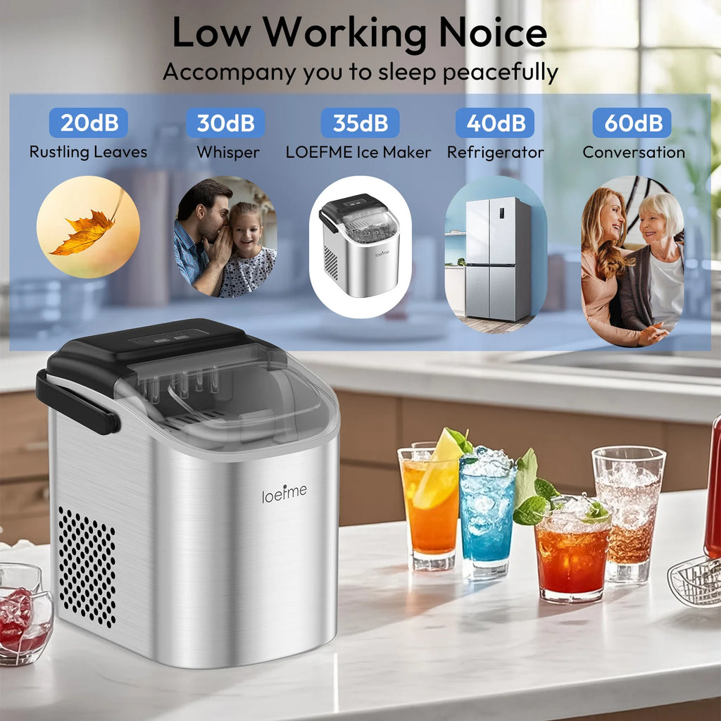 LOEFME Portable Professional Electric Ice Maker 12kg/24h 6 Mins/9pcs Bullet Shaped Ice Cubes W/ Scoop Stainless Steel