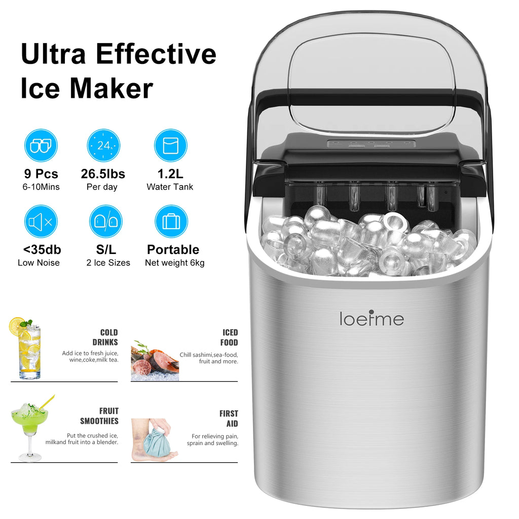 LOEFME Portable Professional Electric Ice Maker 12kg/24h 6 Mins/9pcs Bullet Shaped Ice Cubes W/ Scoop Stainless Steel