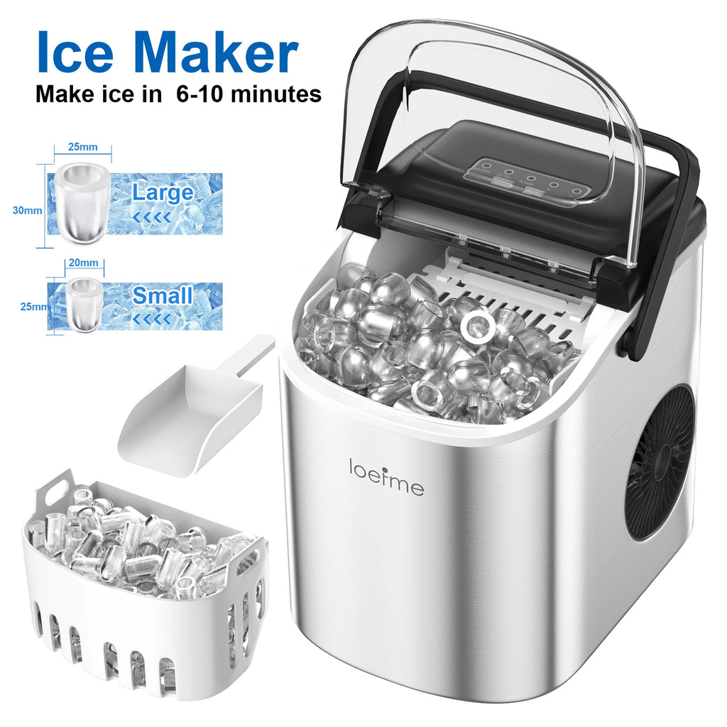 LOEFME Portable Professional Electric Ice Maker 12kg/24h 6 Mins/9pcs Bullet Shaped Ice Cubes W/ Scoop Stainless Steel