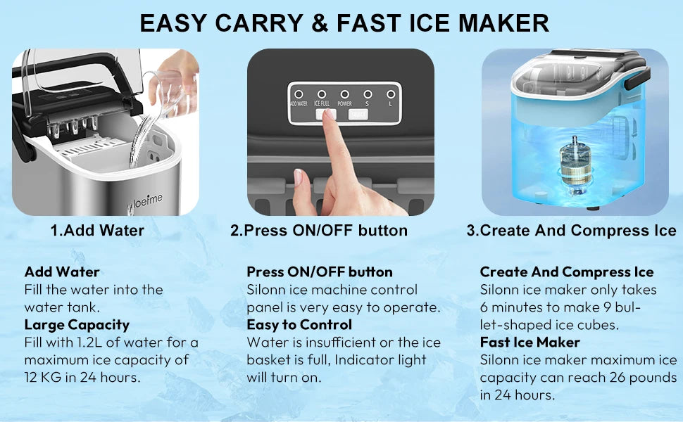 LOEFME Portable Professional Electric Ice Maker 12kg/24h 6 Mins/9pcs Bullet Shaped Ice Cubes W/ Scoop Stainless Steel